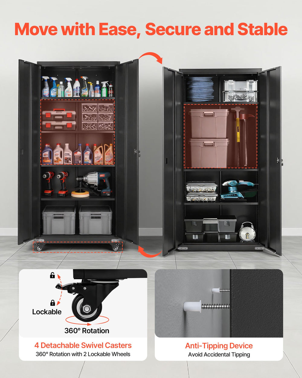 VEVOR Metal Storage Cabinet, 72.6 in Rolling Steel Garage Cabinet with 4 Adjustable Shelves, 2 Magnetic Doors & 2 Keys, 5 Tiers Lockable Tool Storage for Pantry, Warehouse, Basement, Office, Black