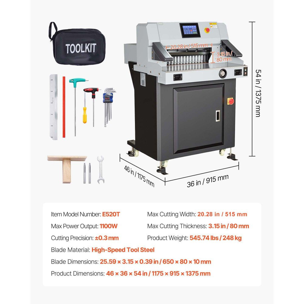VEVOR Electric Paper Cutter, 1100W Heavy Duty Paper Cutter Machine With 20.28 in Cutting Width, 3.15 in Cutting Thickness, Electric Guillotine Trimmer with Casters and 7 in Touchscreen, for Print Shop