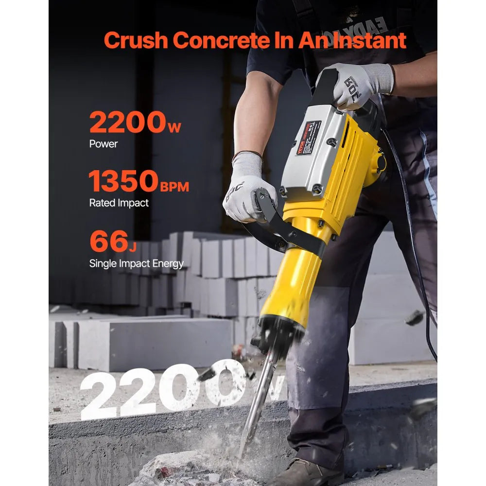 VEVOR Demolition Jack Hammer, 2200W Electric Jackhammer Heavy Duty, 1350 BPM Jack Hammer Concrete Breaker, with 1 Point Chisel, 1 Flat Chisel, Storage Case, Gloves and Goggles, for Demolition