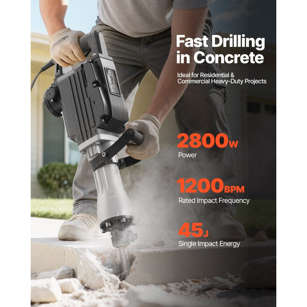 VEVOR Demolition Jack Hammer, 2800 W Powerful Electric Jackhammer, 1200 BPM Concrete Breaker with a Point Chisel, a Flat Chisel, Carrying Case, Gloves, for Concrete, Wall, Brick, Tile and Foundation