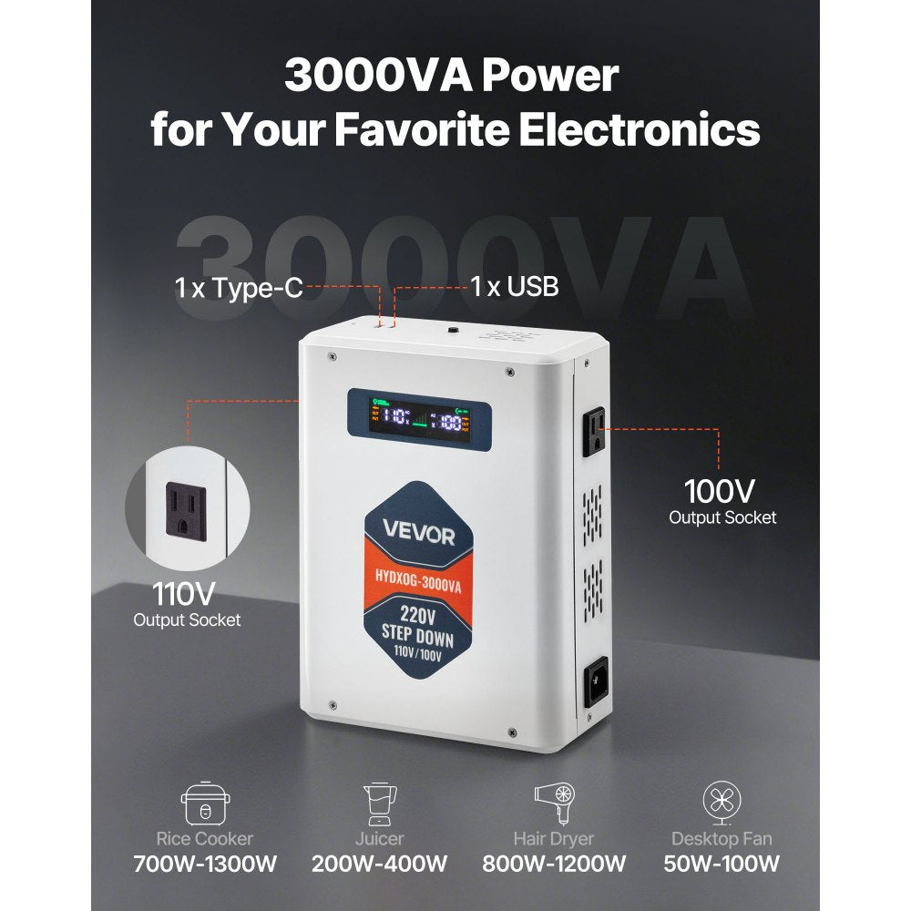 VEVOR Step Down Voltage Converter, 3000VA, Heavy Duty Voltage Power Converter, 220V to 110V Power Transformer, with 2 US Outlets, USB Output, LCD Display, Temperature Protection, for 110V Appliances