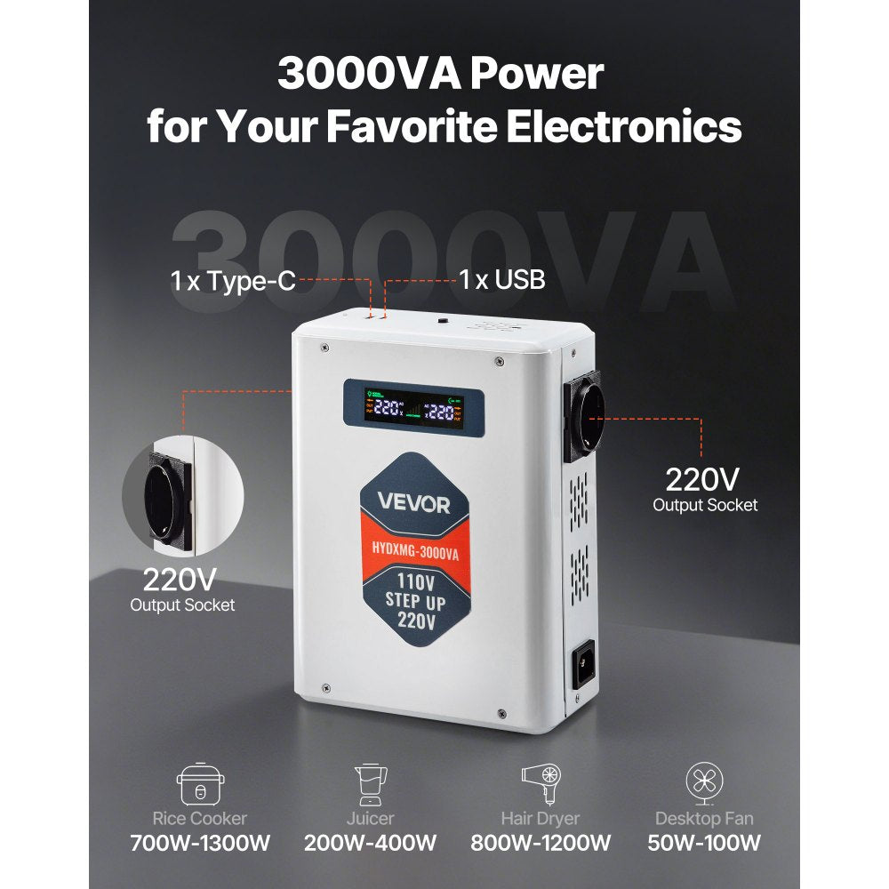 VEVOR Step Up Voltage Converter, 3000VA, Heavy Duty Voltage Power Converter, 110V to 220V Power Transformer, with 2 EU Outlets, USB Output, LCD Display, Temperature Protection, for 220V Appliances