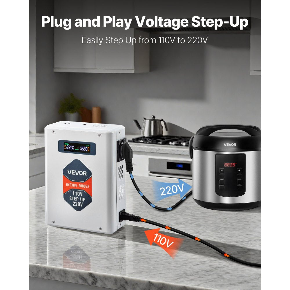 VEVOR Step Up Voltage Converter, 2000VA, Heavy Duty Voltage Power Converter, 110V to 220V Power Transformer, with 2 EU Outlets, USB Output, LCD Display, Temperature Protection, for 220V Appliances