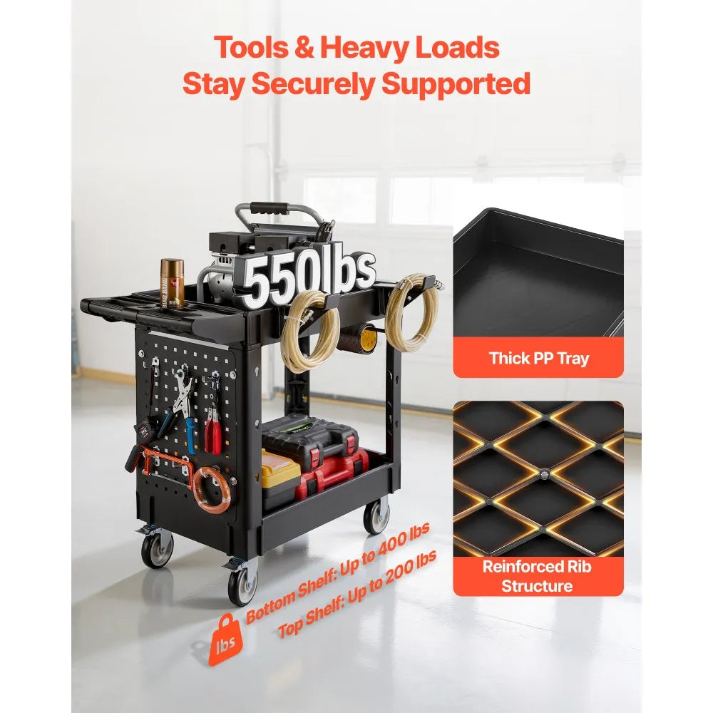 VEVOR Utility Cart, 550 lbs Capacity, 2 Tier Service Cart with 360° Swivel & Fixed Wheels (2 with Brakes), Heavy Duty Plastic Rolling with Tray and Pegboard, Tool Storage for Garage Warehouse Workshop