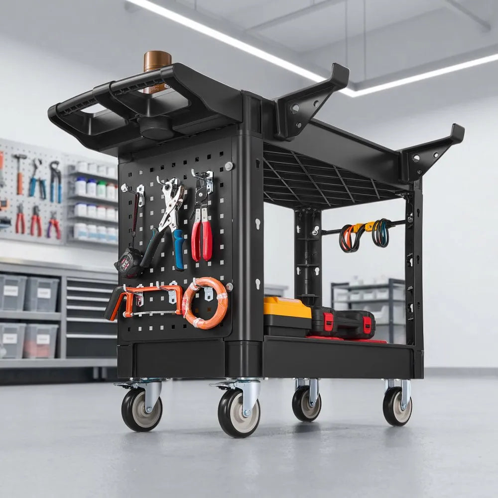 VEVOR Utility Cart, 550 lbs Capacity, 2 Tier Service Cart with 360° Swivel & Fixed Wheels (2 with Brakes), Heavy Duty Plastic Rolling with Tray and Pegboard, Tool Storage for Garage Warehouse Workshop
