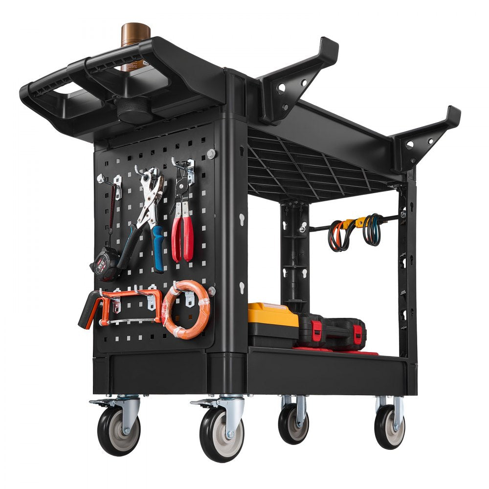 VEVOR Utility Cart, 550 lbs Capacity, 2 Tier Service Cart with 360° Swivel & Fixed Wheels (2 with Brakes), Heavy Duty Plastic Rolling with Tray and Pegboard, Tool Storage for Garage Warehouse Workshop