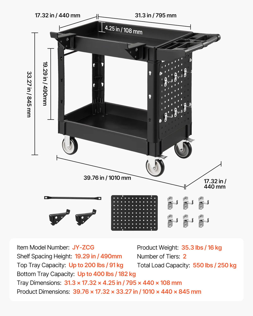 VEVOR Utility Cart, 550 lbs Capacity, 2 Tier Service Cart with 360° Swivel & Fixed Wheels (2 with Brakes), Heavy Duty Plastic Rolling with Tray and Pegboard, Tool Storage for Garage Warehouse Workshop