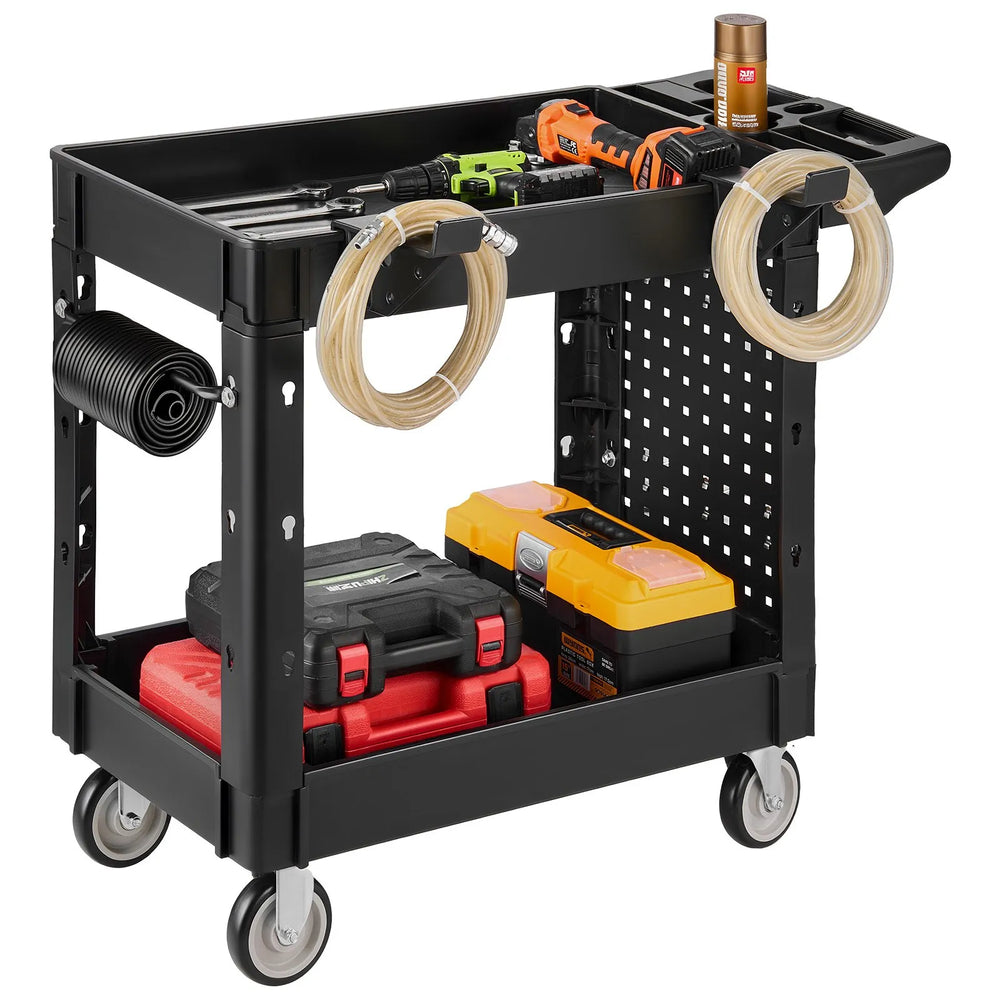 VEVOR Utility Cart, 550 lbs Capacity, 2 Tier Service Cart with 360° Swivel & Fixed Wheels (2 with Brakes), Heavy Duty Plastic Rolling with Tray and Pegboard, Tool Storage for Garage Warehouse Workshop