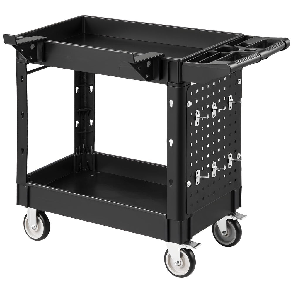VEVOR Utility Cart, 550 lbs Capacity, 2 Tier Service Cart with 360° Swivel & Fixed Wheels (2 with Brakes), Heavy Duty Plastic Rolling with Tray and Pegboard, Tool Storage for Garage Warehouse Workshop