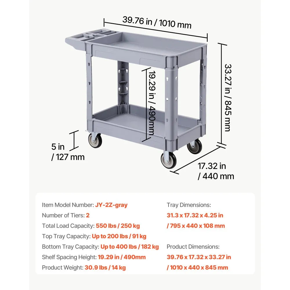VEVOR Utility Cart, 550 lbs Capacity, 2 Tier Service Cart with 360° Swivel & Fixed Wheels (2 with Brakes), Heavy Duty Plastic Rolling with Storage Tray, Tool Storage for Garage Warehouse Workshop