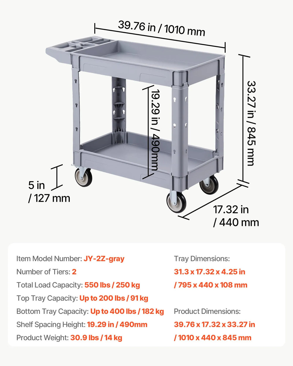 VEVOR Utility Cart, 550 lbs Capacity, 2 Tier Service Cart with 360° Swivel & Fixed Wheels (2 with Brakes), Heavy Duty Plastic Rolling with Storage Tray, Tool Storage for Garage Warehouse Workshop