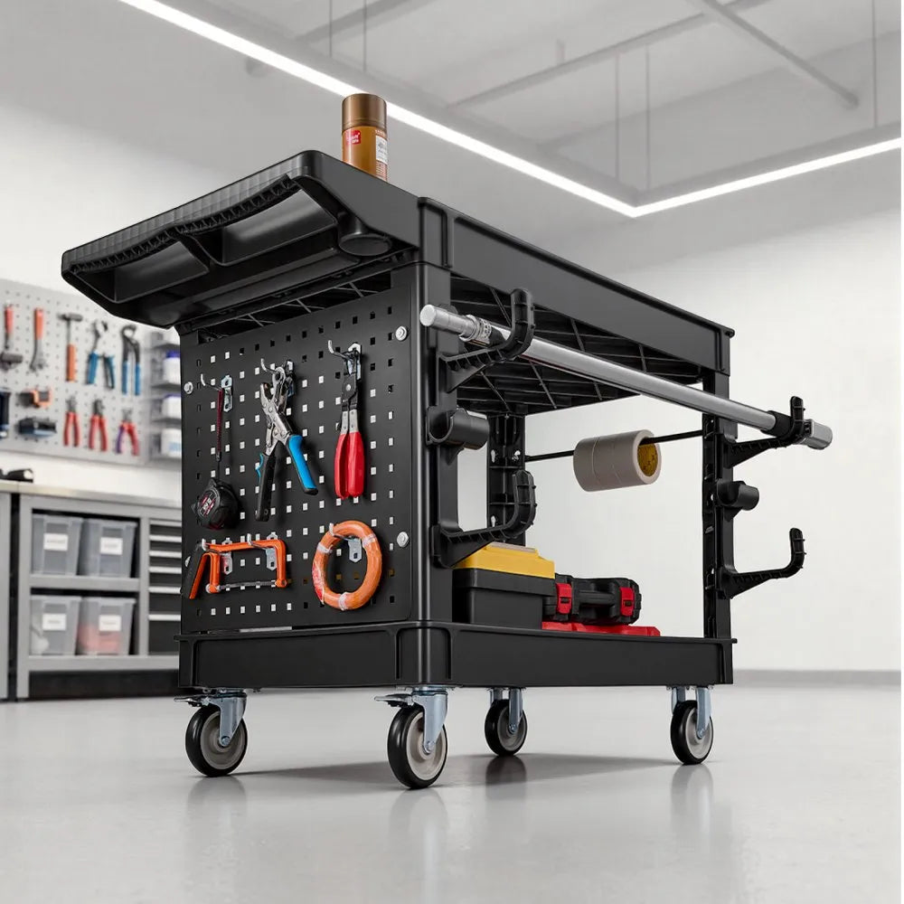 VEVOR Utility Cart, 550 lbs Capacity, 2 Tier Service Cart with 360° Swivel & Fixed Wheels (2 with Brakes), Heavy Duty Plastic Rolling with Tray and Pegboard, Tool Storage for Garage Warehouse, Black