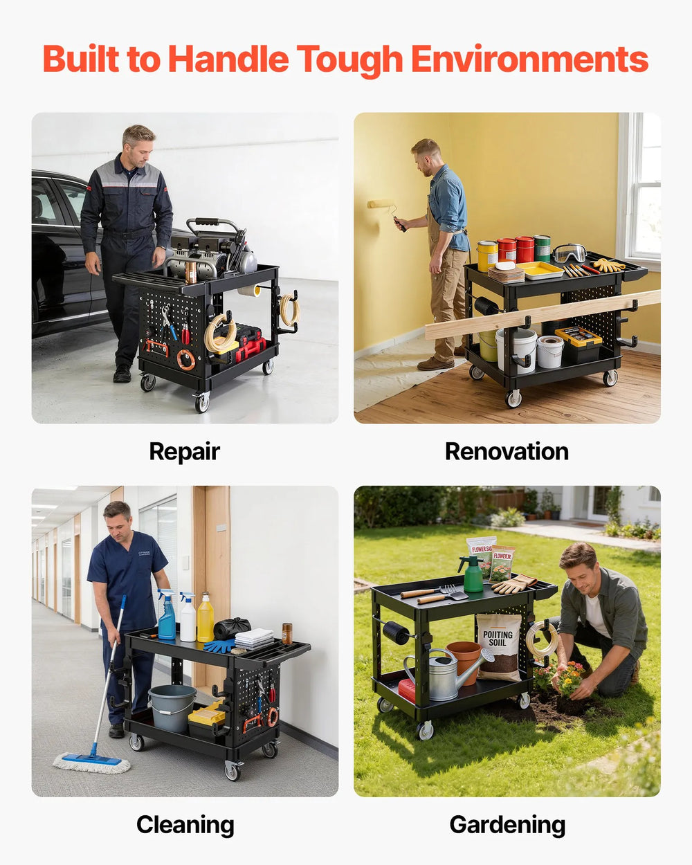 VEVOR Utility Cart, 550 lbs Capacity, 2 Tier Service Cart with 360° Swivel & Fixed Wheels (2 with Brakes), Heavy Duty Plastic Rolling with Tray and Pegboard, Tool Storage for Garage Warehouse, Black