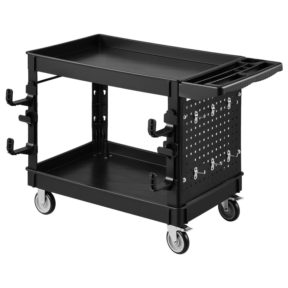 VEVOR Utility Cart, 550 lbs Capacity, 2 Tier Service Cart with 360° Swivel & Fixed Wheels (2 with Brakes), Heavy Duty Plastic Rolling with Tray and Pegboard, Tool Storage for Garage Warehouse, Black