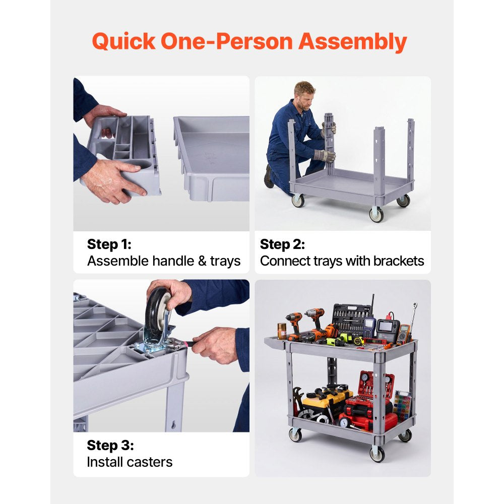 VEVOR Utility Cart, 550 lbs Capacity, 2 Tier Service Cart with 360° Swivel & Fixed Wheels (2 with Brakes), Heavy Duty Plastic Rolling with Storage Tray, Tool Storage for Garage Warehouse Workshop Gray