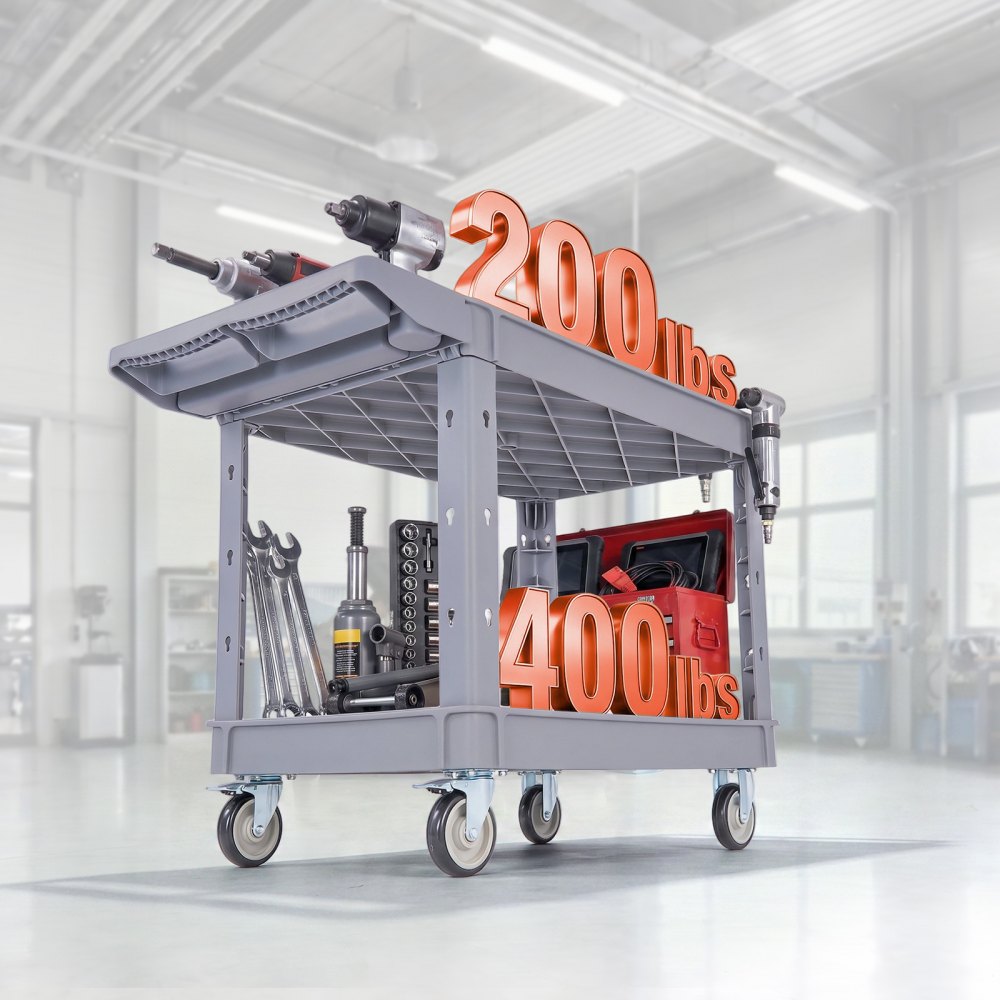 VEVOR Utility Cart, 550 lbs Capacity, 2 Tier Service Cart with 360° Swivel & Fixed Wheels (2 with Brakes), Heavy Duty Plastic Rolling with Storage Tray, Tool Storage for Garage Warehouse Workshop Gray