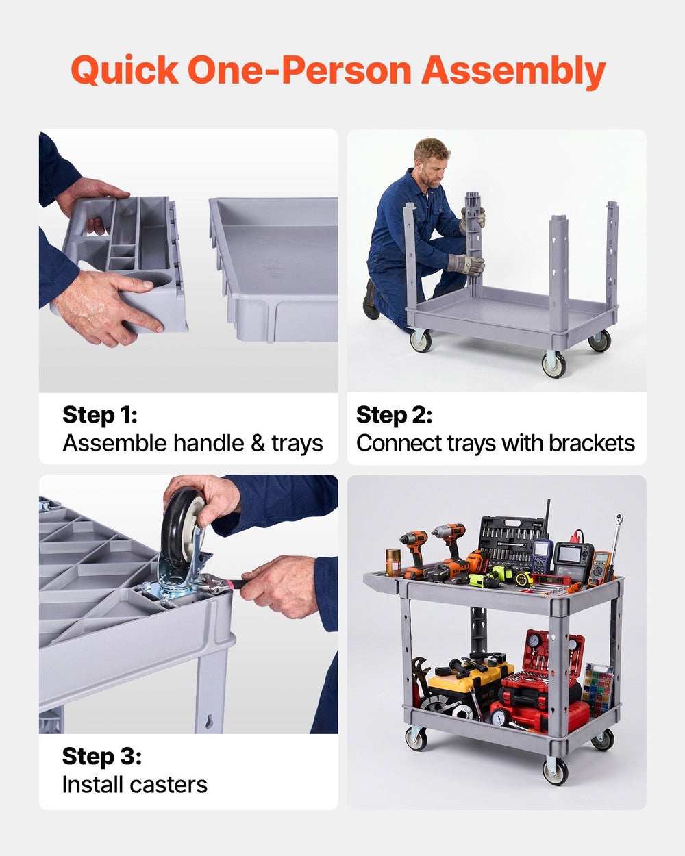 VEVOR Utility Cart, 550 lbs Capacity, 2 Tier Service Cart with 360° Swivel & Fixed Wheels (2 with Brakes), Heavy Duty Plastic Rolling with Storage Tray, Tool Storage for Garage Warehouse Workshop Gray