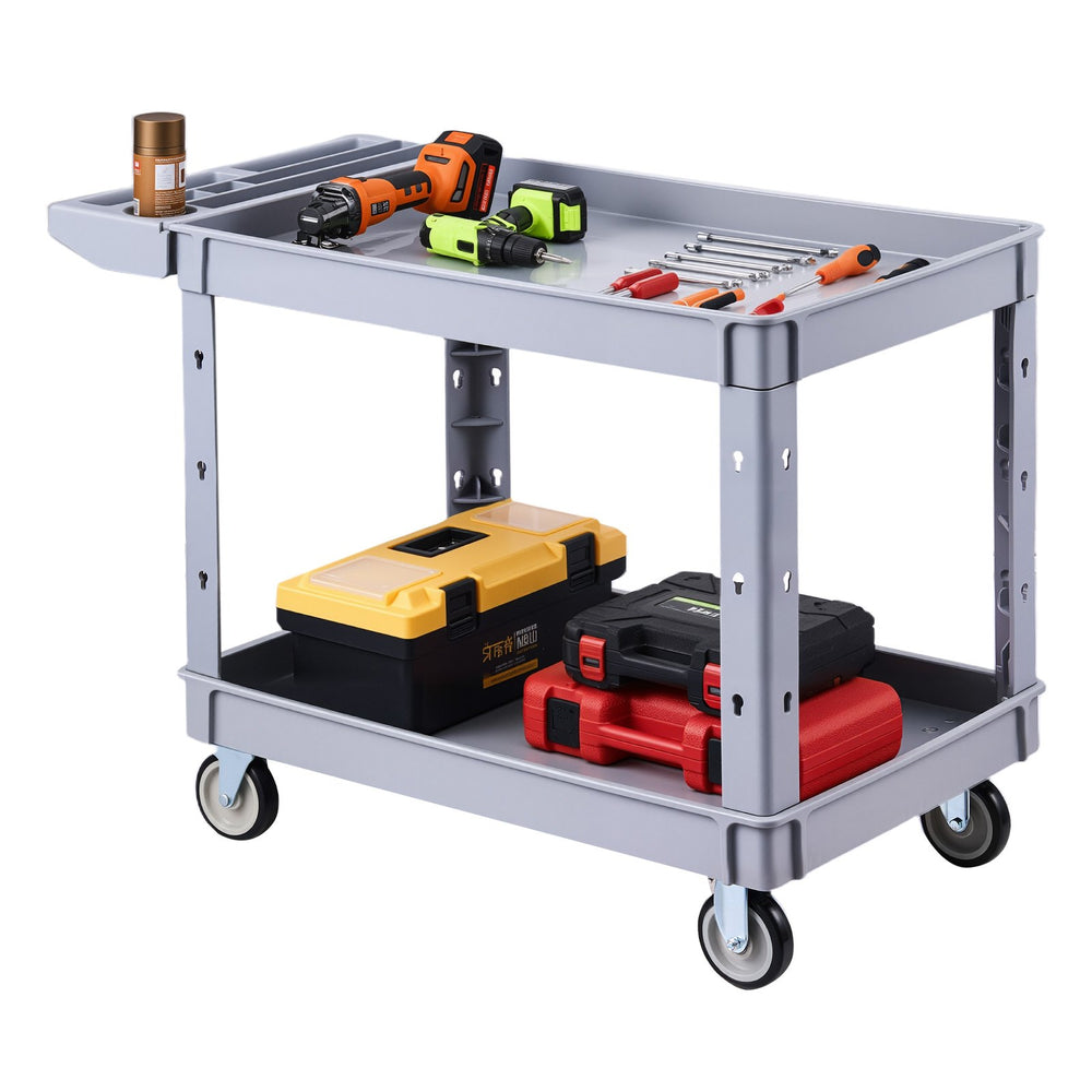 VEVOR Utility Cart, 550 lbs Capacity, 2 Tier Service Cart with 360° Swivel & Fixed Wheels (2 with Brakes), Heavy Duty Plastic Rolling with Storage Tray, Tool Storage for Garage Warehouse Workshop Gray