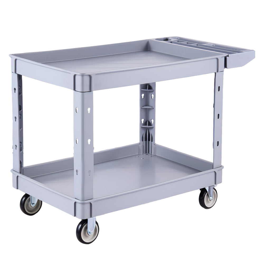 VEVOR Utility Cart, 550 lbs Capacity, 2 Tier Service Cart with 360° Swivel & Fixed Wheels (2 with Brakes), Heavy Duty Plastic Rolling with Storage Tray, Tool Storage for Garage Warehouse Workshop Gray