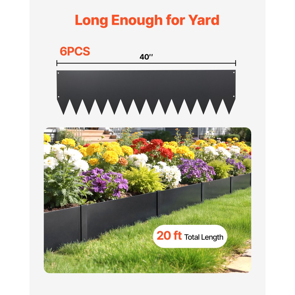 VEVOR Galvanized Steel Landscape Edging, 6-Pack 40 x 10 Inch Metal Edging for Landscaping with 8 Mounting Clips, Heavy Duty Metal Garden Edge Border for Flower Bed, Yard Pathway, Black