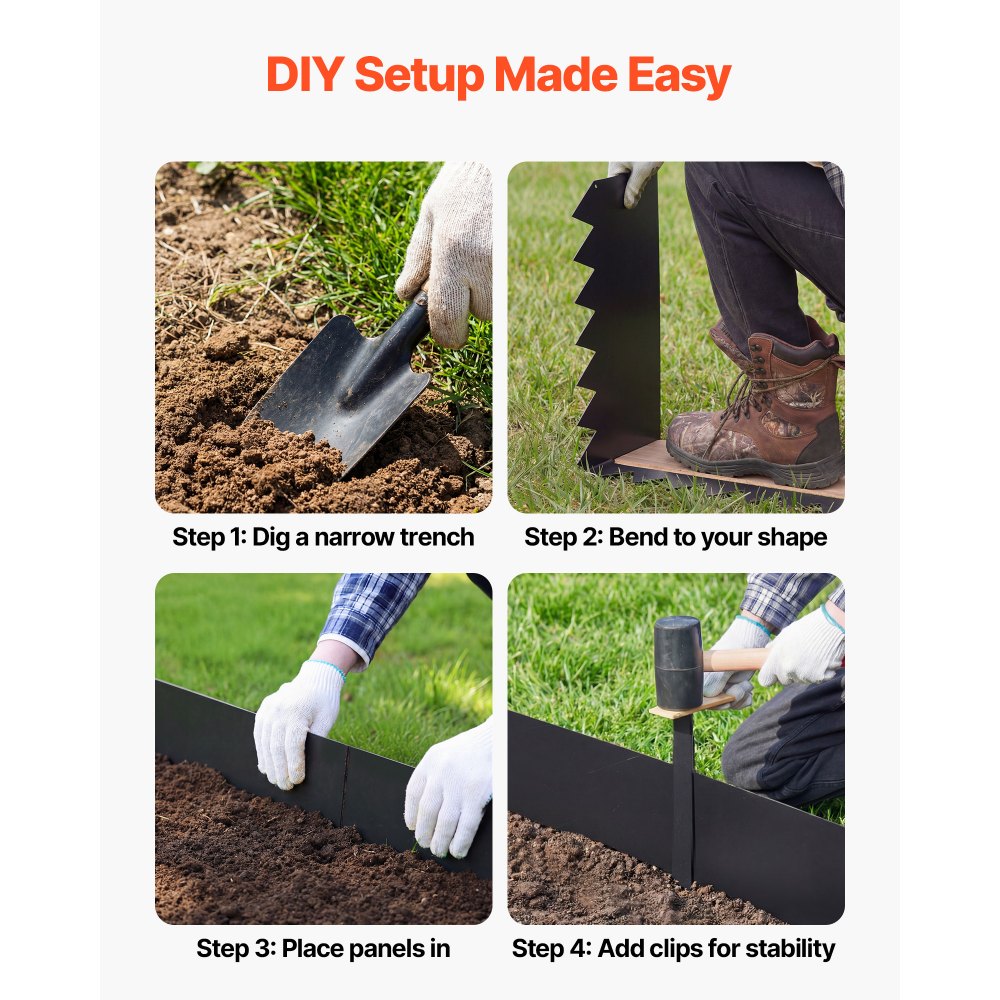 VEVOR Galvanized Steel Landscape Edging, 6-Pack 40 x 10 Inch Metal Edging for Landscaping with 8 Mounting Clips, Heavy Duty Metal Garden Edge Border for Flower Bed, Yard Pathway, Black