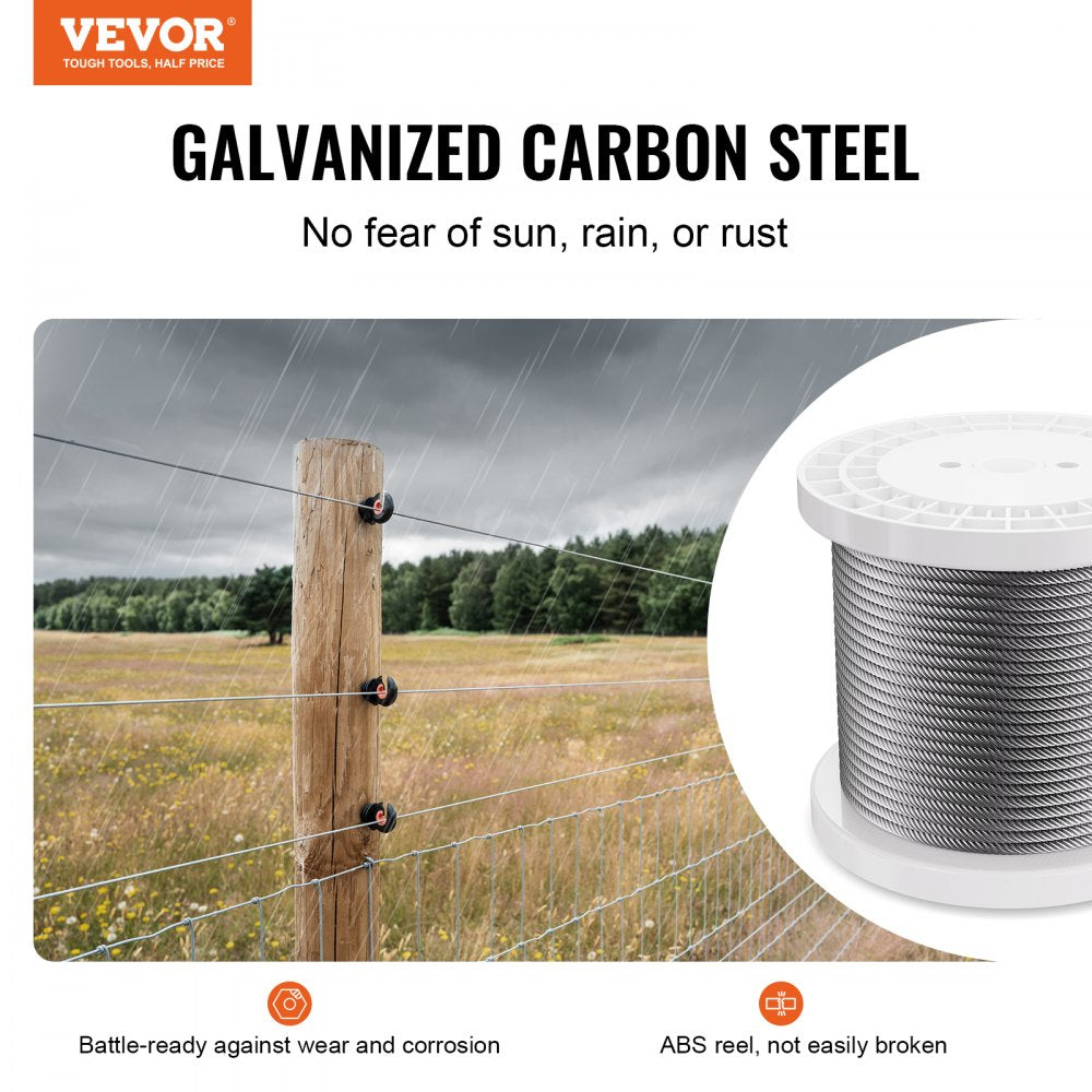 VEVOR Wire Rope, 1/4" 250 ft Zinc Galvanized Carbon Steel Cable with Gloves, 7000 lbs Breaking Strength, 7 x 19 Strands Construction Marine Aircraft Grade for Handrail Stair Decking Fence Outdoors
