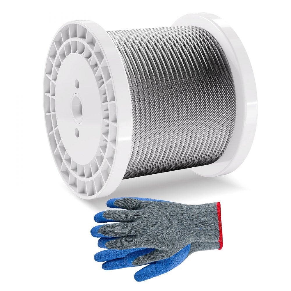 VEVOR Wire Rope, 1/4" 250 ft Zinc Galvanized Carbon Steel Cable with Gloves, 7000 lbs Breaking Strength, 7 x 19 Strands Construction Marine Aircraft Grade for Handrail Stair Decking Fence Outdoors