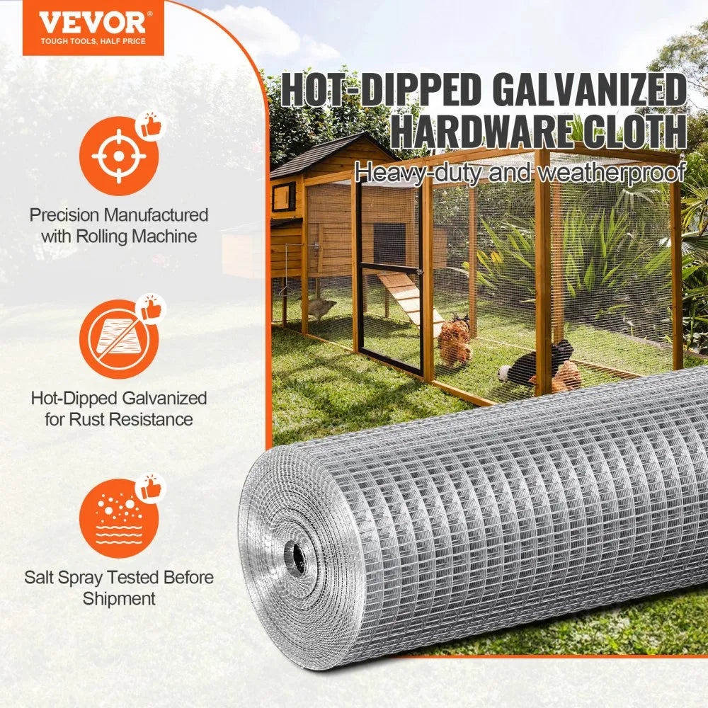 VEVOR Hardware Cloth 1/2 inch 24 inch x 25 ft 19 Gauge Chicken Wire Fence, Hot-Dip Galvanized After Welding Metal Wire Mesh Roll, Garden Plant Welded Fencing Roll Supports Poultry Netting Cage Fence