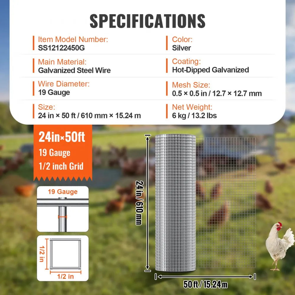 VEVOR Hardware Cloth 1/2 inch 24 inch x 50 ft 19 Gauge Chicken Wire Fence, Hot-Dip Galvanized After Welding Metal Wire Mesh Roll, Garden Plant Welded Fencing Roll Supports Poultry Netting Cage Fence