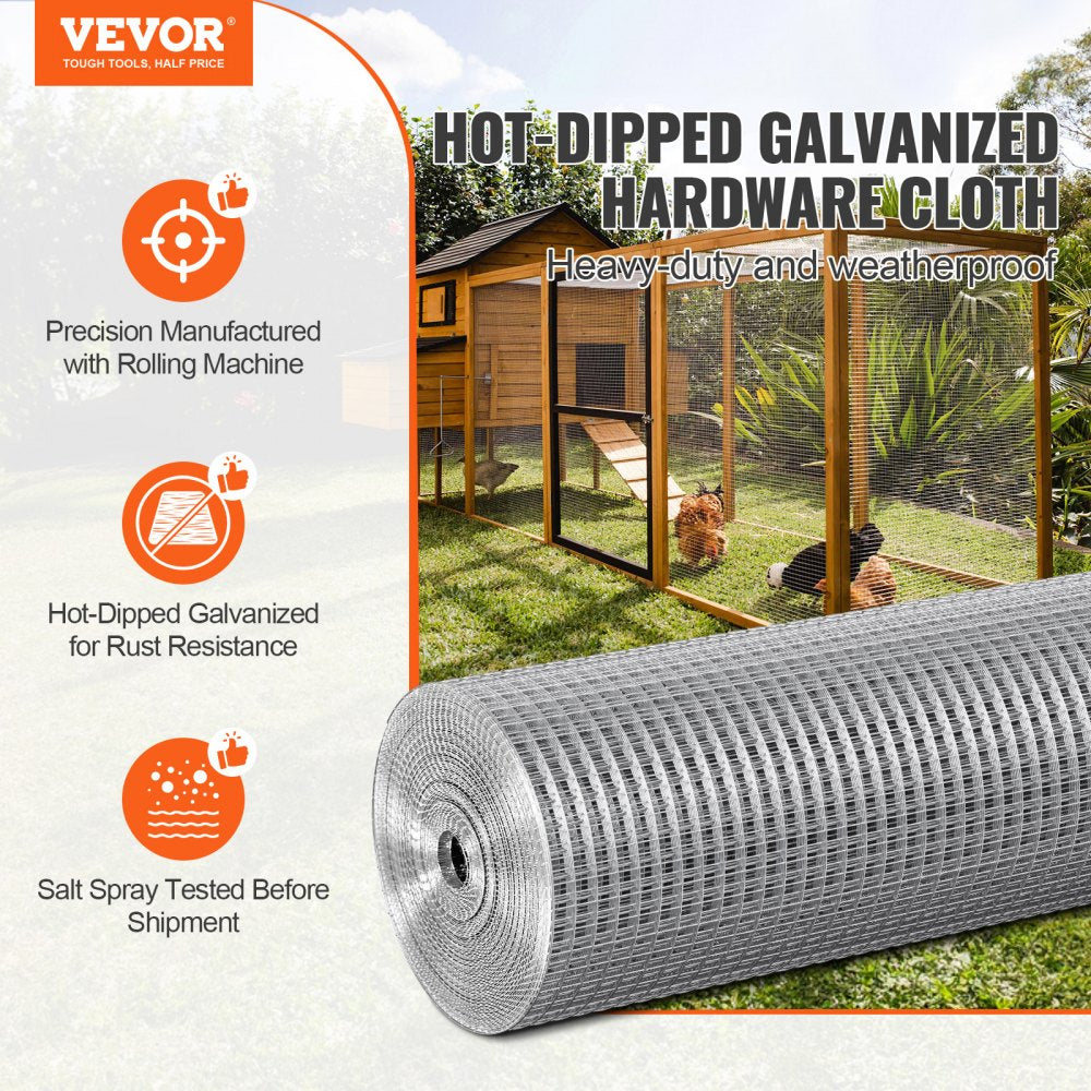 VEVOR Hardware Cloth 1/2 inch 48 inch x 100 ft 19 Gauge Chicken Wire Fence, Hot-Dip Galvanized After Welding Metal Wire Mesh Roll, Garden Plant Welded Fencing Roll Supports Poultry Netting Cage Fence