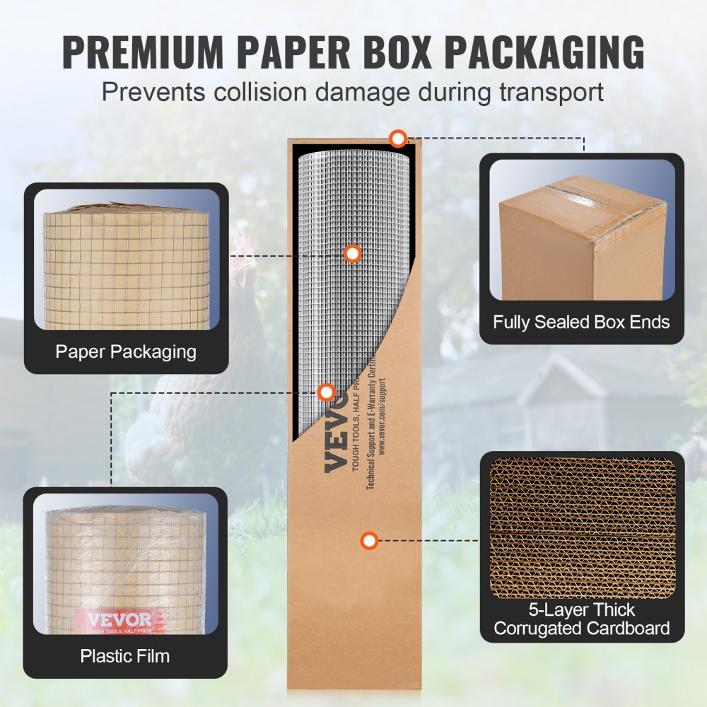 VEVOR Hardware Cloth 1/2 inch 48 inch x 100 ft 19 Gauge Chicken Wire Fence, Hot-Dip Galvanized After Welding Metal Wire Mesh Roll, Garden Plant Welded Fencing Roll Supports Poultry Netting Cage Fence