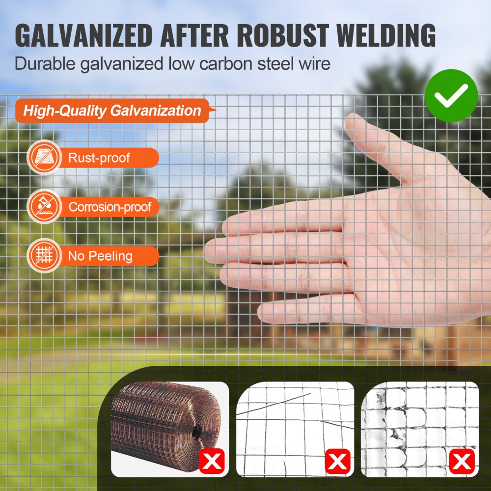 VEVOR Hardware Cloth 1/4 inch 36 inch x 50 ft 23 Gauge Chicken Wire Fence, Hot-Dip Galvanized After Welding Metal Wire Mesh Roll, Garden Plant Welded Fencing Roll Supports Poultry Netting Cage Fence