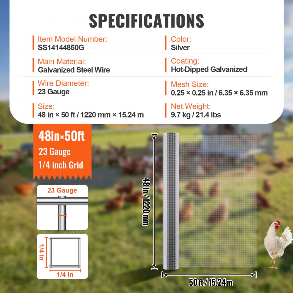 VEVOR Hardware Cloth 1/4 inch 48 inch x 50 ft 23 Gauge Chicken Wire Fence, Hot-Dip Galvanized After Welding Metal Wire Mesh Roll, Garden Plant Welded Fencing Roll Supports Poultry Netting Cage Fence