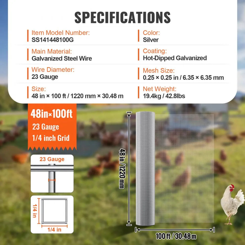 VEVOR Hardware Cloth 1/4 inch 48 inch x 100 ft 23 Gauge Chicken Wire Fence, Hot-Dip Galvanized After Welding Metal Wire Mesh Roll, Garden Plant Welded Fencing Roll Supports Poultry Netting Cage Fence