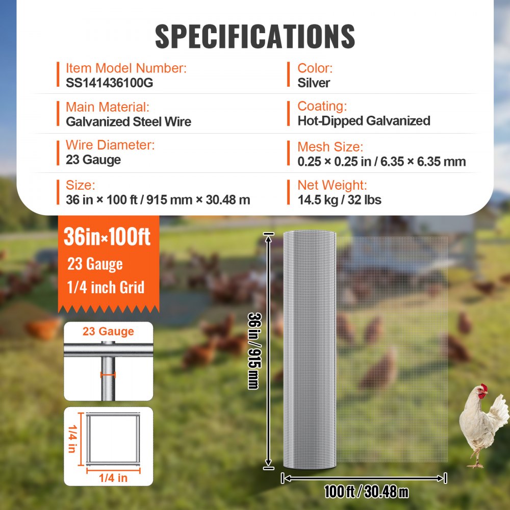 VEVOR Hardware Cloth, 1/4 inch 36in x 100 ft 23 Gauge, Hot Dipped Galvanized Wire Mesh Roll, Chicken Wire Fencing, Wire Mesh for Rabbit Cages, Garden, Small Rodents