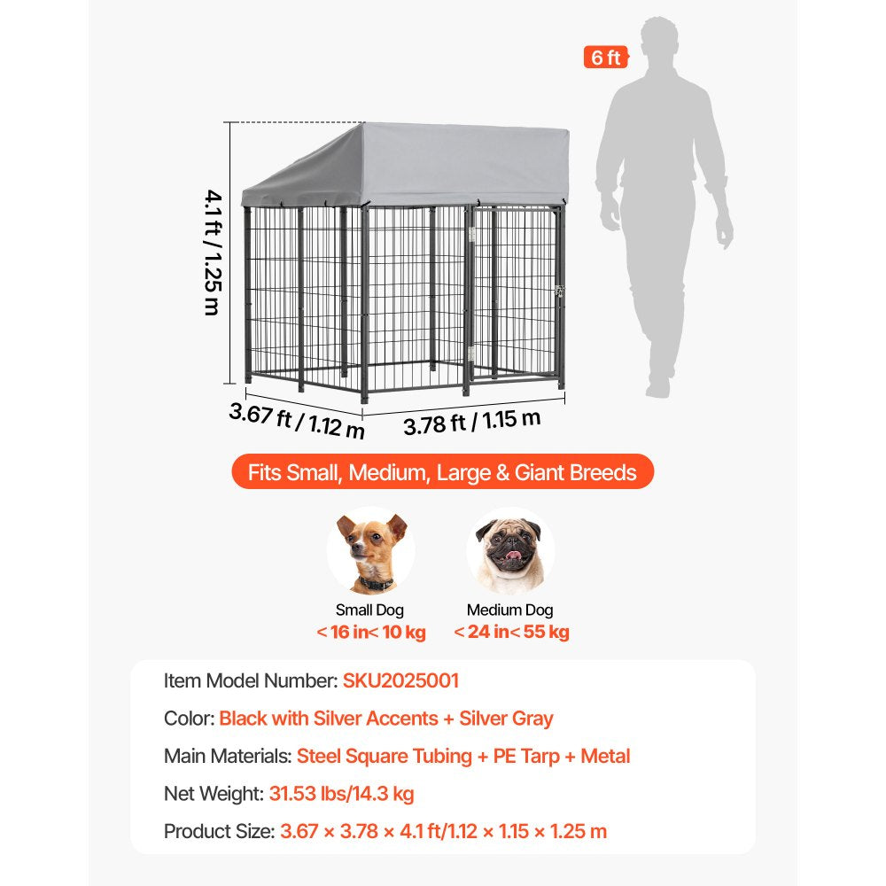 VEVOR Outdoor Dog Kennel, 3.67 x 3.78 x 4.1 ft Large Dog Kennel with Secure Lock, Outside Dogs Enclosures with UV-Resistant & Waterproof Roof Cover, Heavy Duty Pet Crate Cage Run for Large Dogs