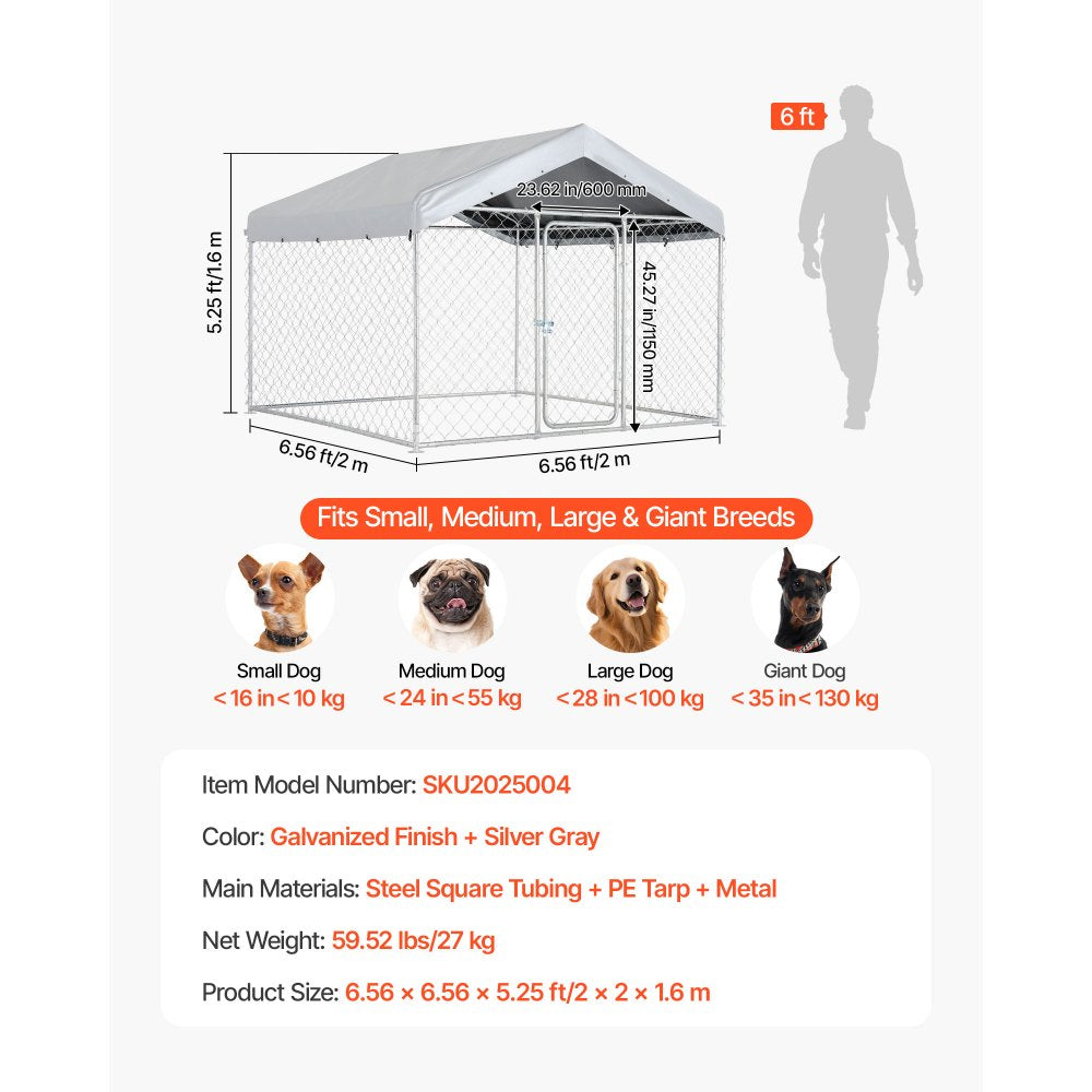 VEVOR Outdoor Dog Kennel, 6.56 x 6.56 x 5.25 ft Large Dog Kennel with Secure Lock, Outside Dogs Enclosures with UV-Resistant & Waterproof Roof Cover, Heavy Duty Pet Crate Cage Run for Large Dogs