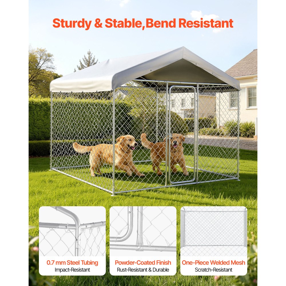 VEVOR Outdoor Dog Kennel, 7.55 x 7.55 x 7.05 ft Large Dog Kennel with Secure Lock, Outside Dogs Enclosures with UV-Resistant & Waterproof Roof Cover, Heavy Duty Pet Crate Cage Run for Large Dogs