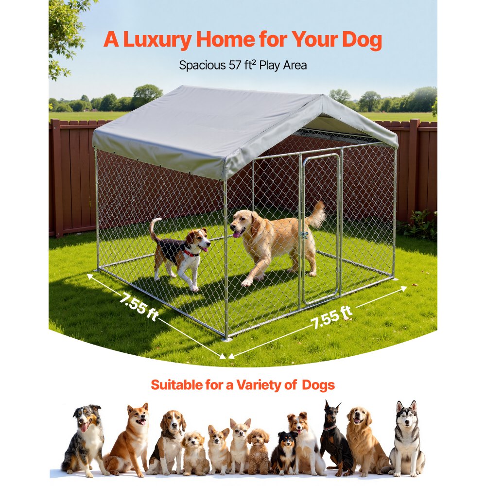 VEVOR Outdoor Dog Kennel, 7.55 x 7.55 x 7.05 ft Large Dog Kennel with Secure Lock, Outside Dogs Enclosures with UV-Resistant & Waterproof Roof Cover, Heavy Duty Pet Crate Cage Run for Large Dogs