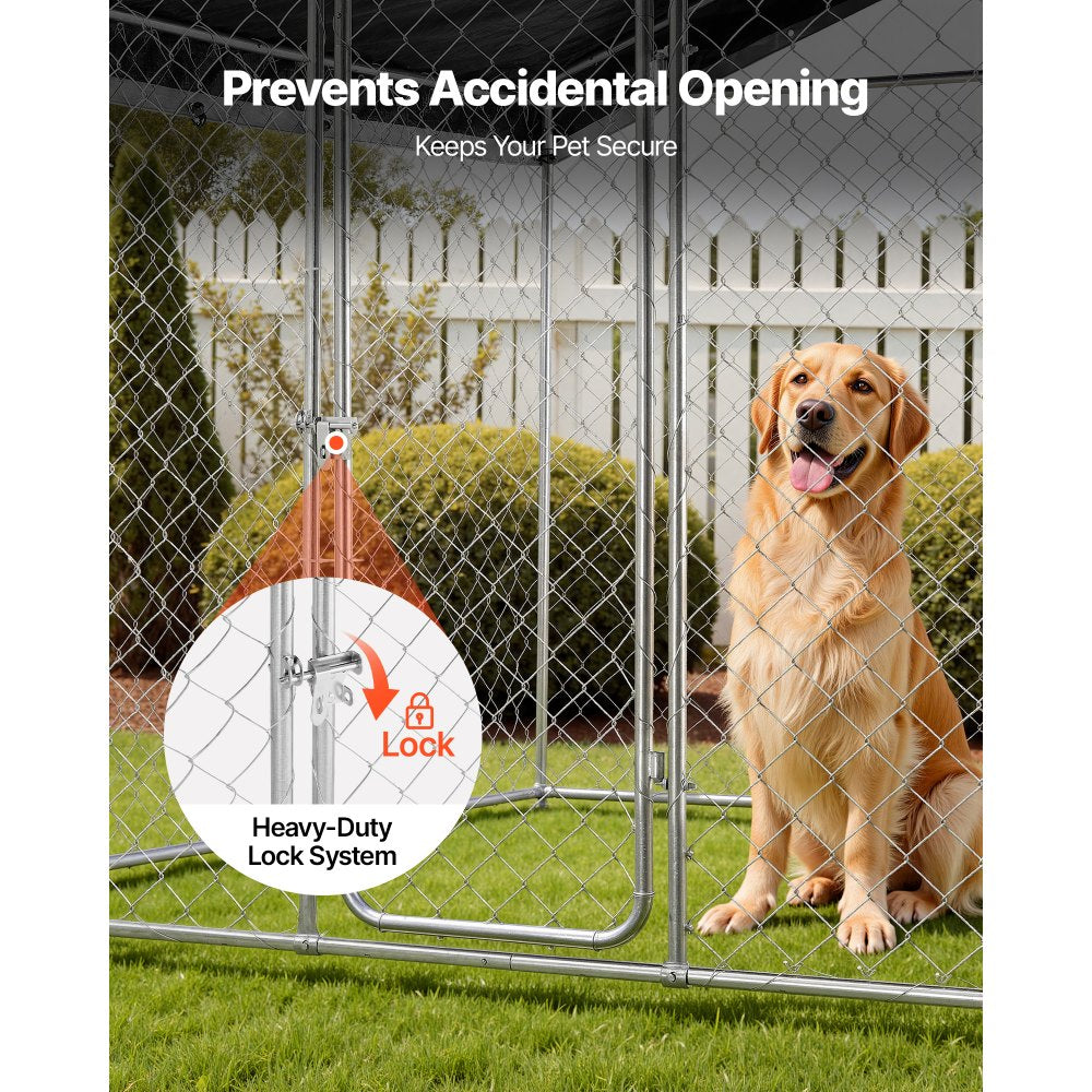 VEVOR Outdoor Dog Kennel, 7.55 x 7.55 x 7.05 ft Large Dog Kennel with Secure Lock, Outside Dogs Enclosures with UV-Resistant & Waterproof Roof Cover, Heavy Duty Pet Crate Cage Run for Large Dogs