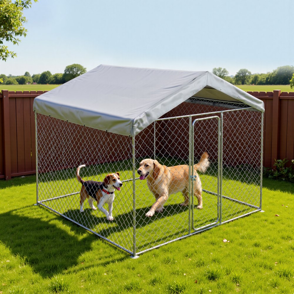VEVOR Outdoor Dog Kennel, 7.55 x 7.55 x 7.05 ft Large Dog Kennel with Secure Lock, Outside Dogs Enclosures with UV-Resistant & Waterproof Roof Cover, Heavy Duty Pet Crate Cage Run for Large Dogs
