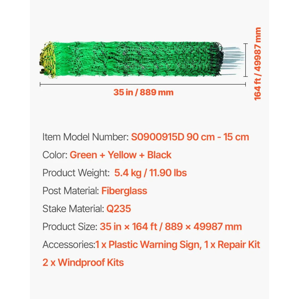 VEVOR Electric Fence Netting, 35" H x 164' L, PE Net Fencing with Posts & Double-Spiked Stakes, Utility Portable Mesh for Goats, Sheep, Lambs, Deer, Hogs, Dogs, Used in Backyards, Farms, and Ranches