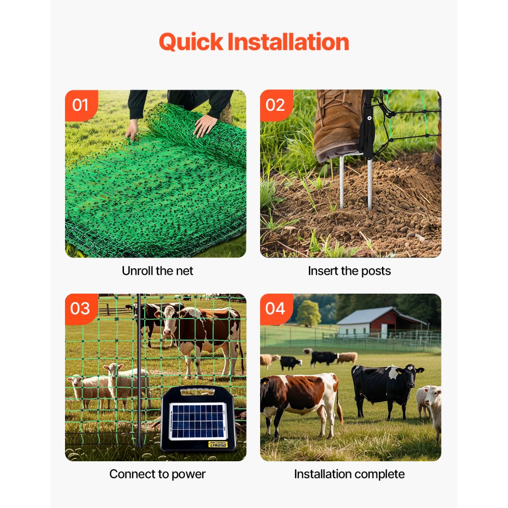 VEVOR Electric Fence Netting, 42 in (H) x 164 ft (L), PE Net Fencing with Posts & Double-Spiked Stakes, Utility Portable Electric Fence for Pigs, Cows, Sheep, Deer, Used in Backyards, Farms, Ranches