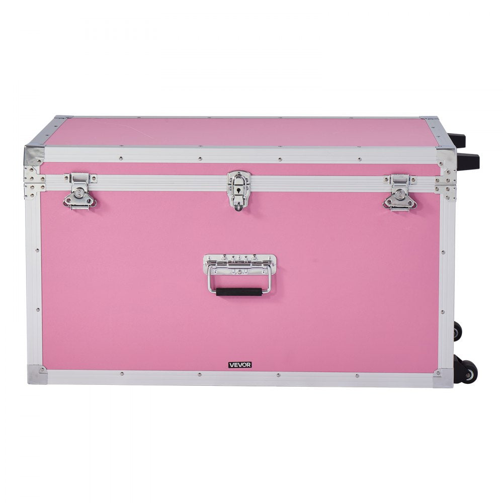 VEVOR Metal Storage Trunk, Set of 2, Wooden Suitcase Storage Boxes with Padlocks, Large Trunk Includes Casters & 3 Metal Handles, Decorative Store Chest with Lids for Travel, Apartment, Dorm, Pink