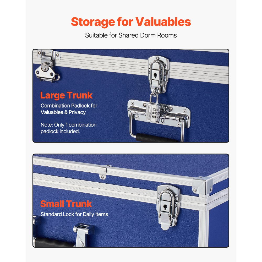 VEVOR Metal Storage Trunk, Set of 2, Wooden Suitcase Storage Boxes with Padlocks, Large Trunk Includes Casters and 3 Metal Handles, Decorative Store Chest with Lids for Travel, Apartment, Dorm, Blue