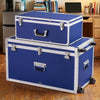 VEVOR Metal Storage Trunk, Set of 2, Wooden Suitcase Storage Boxes with Padlocks, Large Trunk Includes Casters & 3 Metal Handles, Decorative Store Chest with Lids for Travel, Apartment, Dorm, Blue