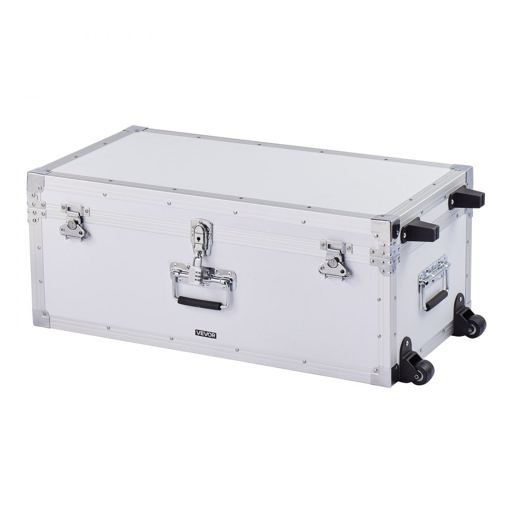 VEVOR Metal Storage Trunk, Set of 2, Wooden Suitcase Storage Boxes with Padlocks, Large Trunk Includes Casters and 3 Metal Handles, Decorative Store Chest with Lids for Travel, Apartment, Dorm, White