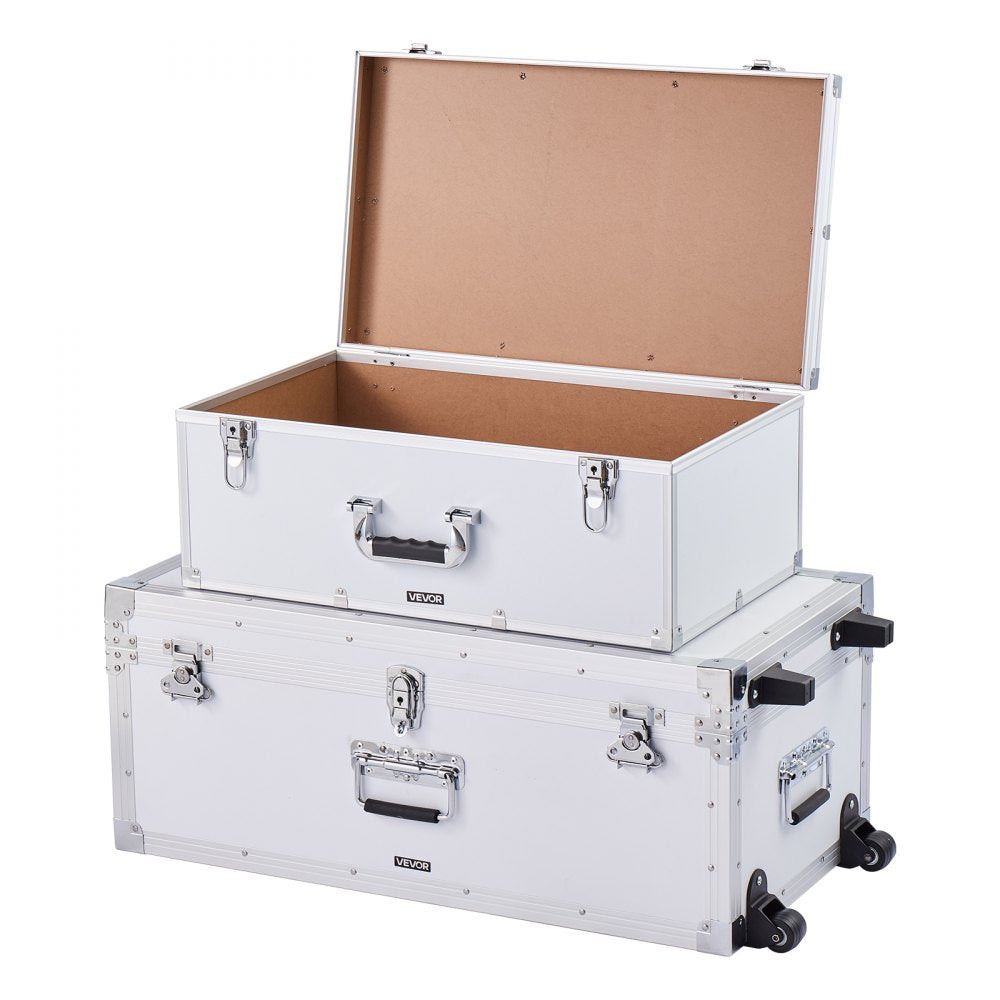 VEVOR Metal Storage Trunk, Set of 2, Wooden Suitcase Storage Boxes with Padlocks, Large Trunk Includes Casters and 3 Metal Handles, Decorative Store Chest with Lids for Travel, Apartment, Dorm, White