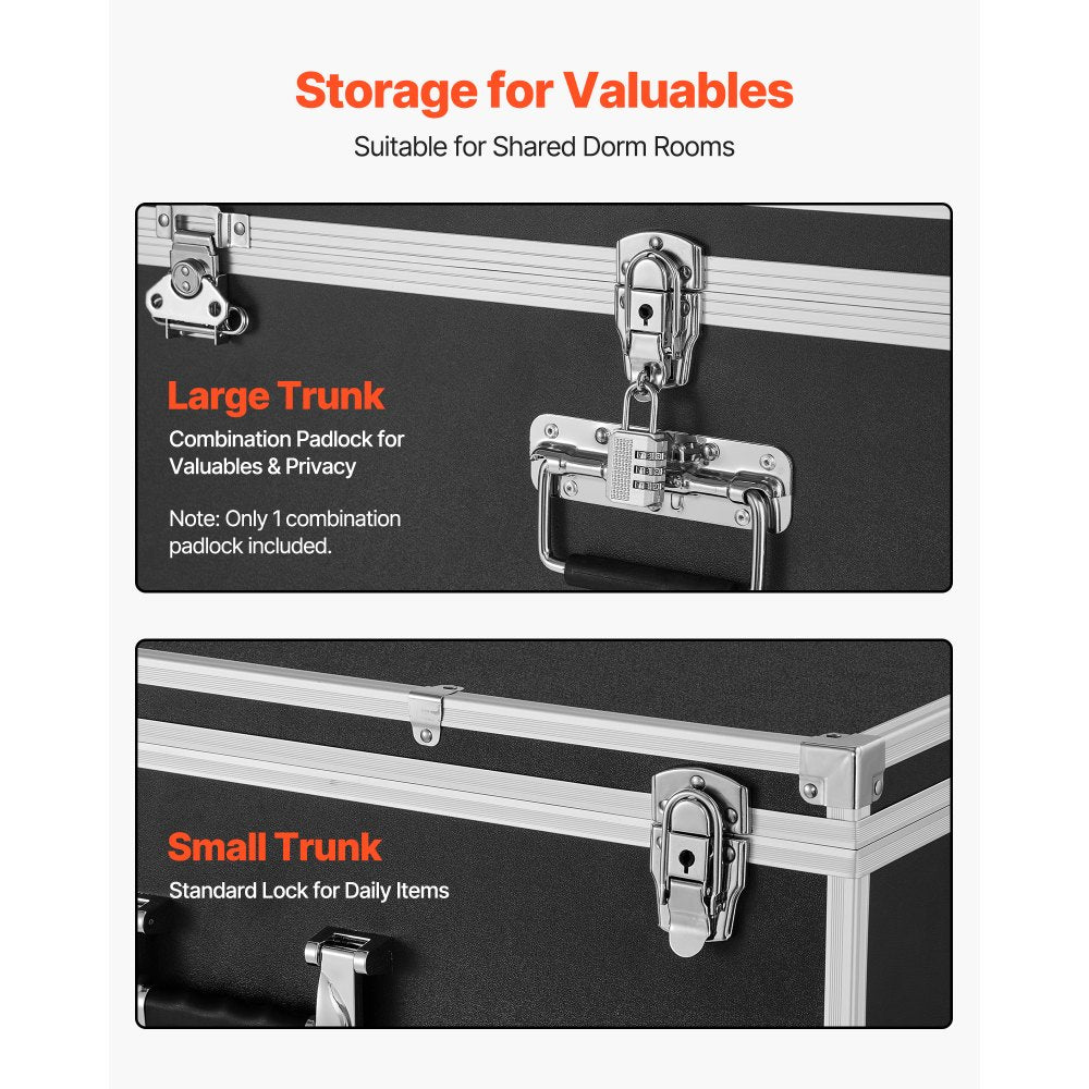 VEVOR Metal Storage Trunk, Set of 2, Wooden Suitcase Storage Boxes with Padlocks, Large Trunk Includes Casters and 3 Metal Handles, Decorative Store Chest with Lids for Travel, Apartment, Dorm, Black