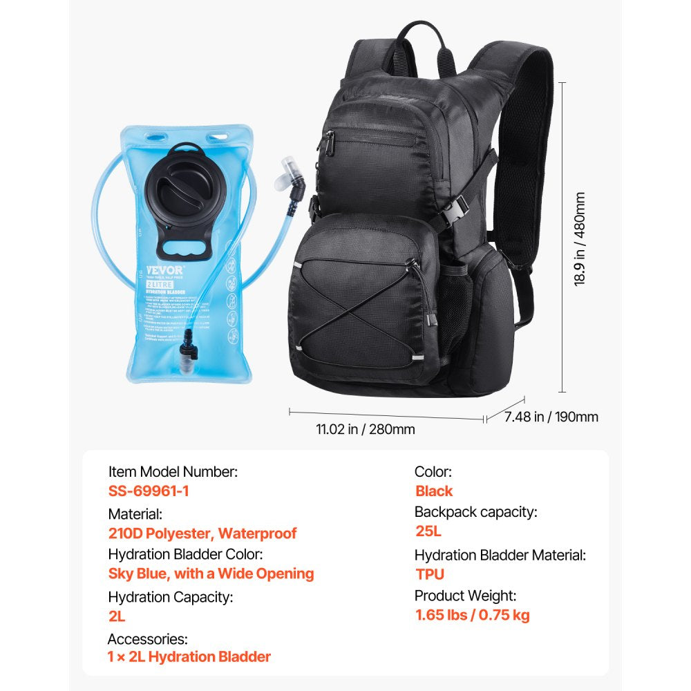 VEVOR Hydration Backpack, 25L Insulated Hydration Pack Backpack with 2L TPU Water Bladder, Hiking Water Backpack with Storage for Men Women, Hydro Water Daypack for Hiking Running Cycling Camping